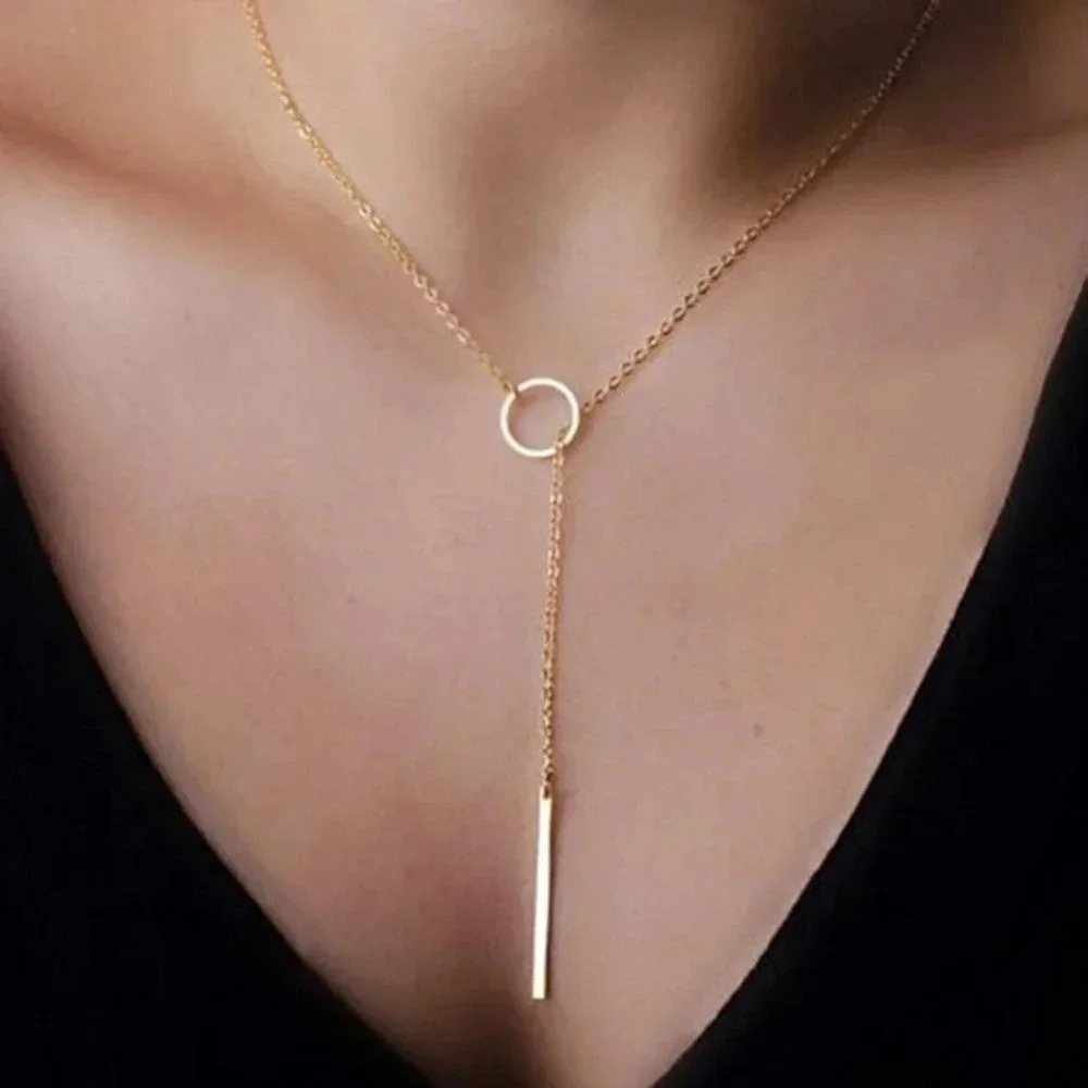 Dainty Boho Gold Lariat Bar Circle Necklace